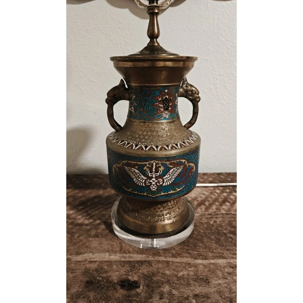 Vintage Japanese Champleve Bronze Enamel Cloisonne Table Lamp Works!